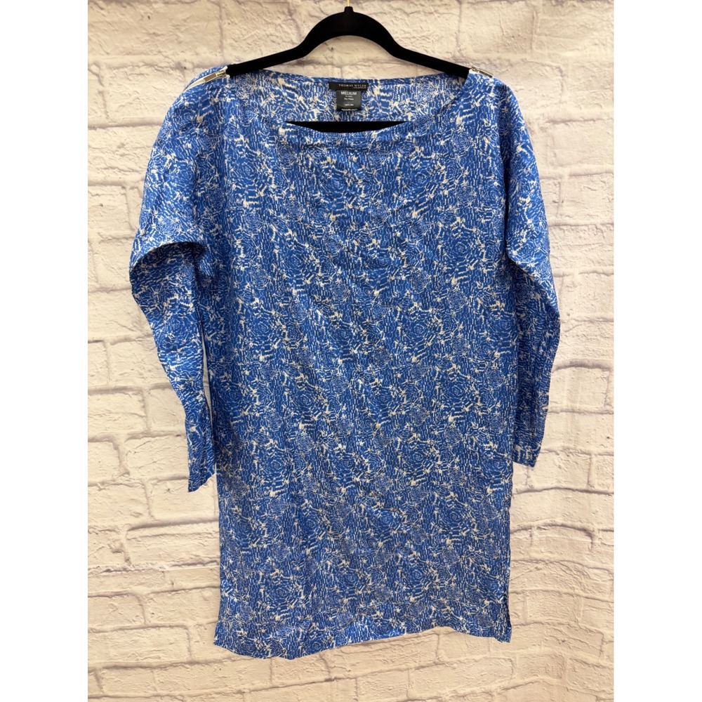 Thomas Wylde Bury Silk Shift Dress Blue White Abstract Rose Zipper Sleeves Sz M
